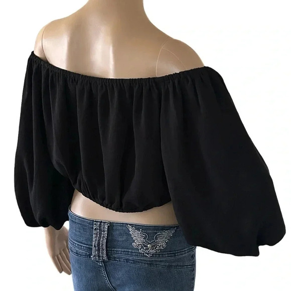 ASTR the label Tie Waist 3/4 Balloon Sleeve Crop Top Black Size M - Picture 7 of 12